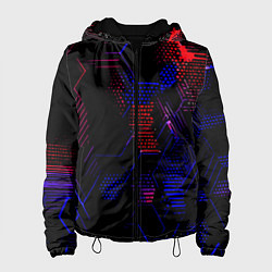 Куртка с капюшоном женская Красно-синие точки и линии на чёрном фоне, цвет: 3D-черный
