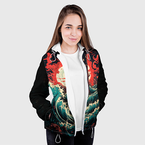 Женская куртка Маяк и волны в японском стиле / 3D-Белый – фото 3
