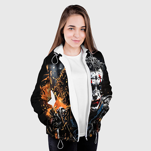 Женская куртка Джокер на фоне огня / 3D-Белый – фото 3