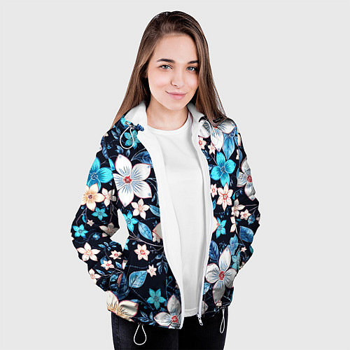 Женская куртка Сине-белые цветы на чёрном фоне / 3D-Белый – фото 3