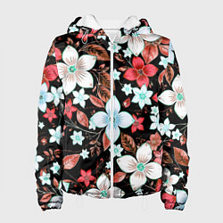 Куртка с капюшоном женская Красно-белые цветы на чёрном фоне, цвет: 3D-белый