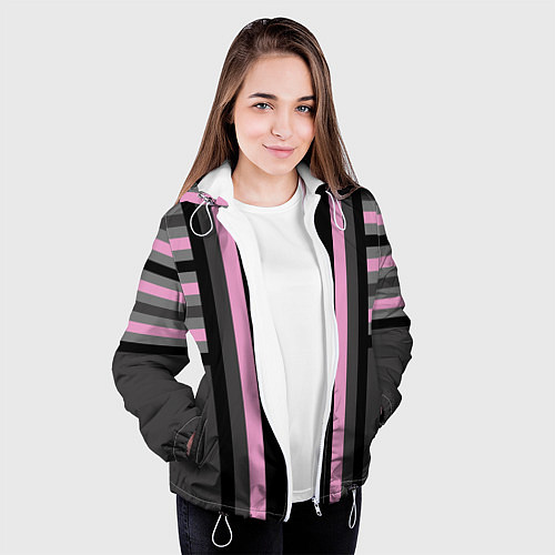 Женская куртка Розово серый полосатый узор / 3D-Белый – фото 3