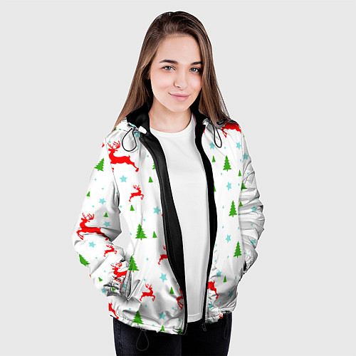 Женская куртка Новогодние олени с ёлками / 3D-Черный – фото 3