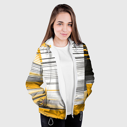 Женская куртка Чёрные вертикальные полосы на жёлто-белом фоне / 3D-Белый – фото 3