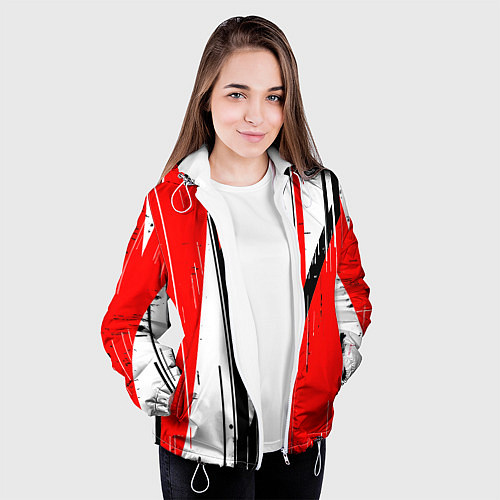 Женская куртка Чёрно-белые вертикальные полосы на красном фоне / 3D-Белый – фото 3
