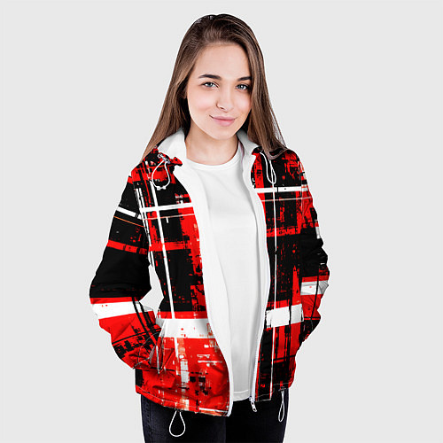 Женская куртка Красно-белый гранж на чёрном фоне / 3D-Белый – фото 3