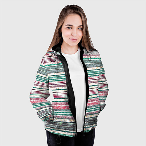 Женская куртка Светлый зелёно-розовый текстурированные полосы / 3D-Черный – фото 3