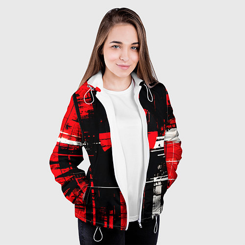 Женская куртка Красно-белый гранж на чёрном фоне / 3D-Белый – фото 3
