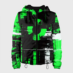 Куртка с капюшоном женская Зелёно-белый гранж на чёрном фоне, цвет: 3D-черный