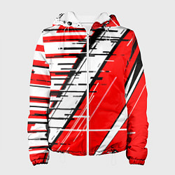 Куртка с капюшоном женская Чёрно-белые глитч полосы на красном фоне, цвет: 3D-белый