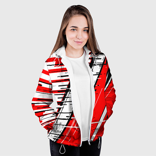 Женская куртка Чёрно-белые глитч полосы на красном фоне / 3D-Белый – фото 3