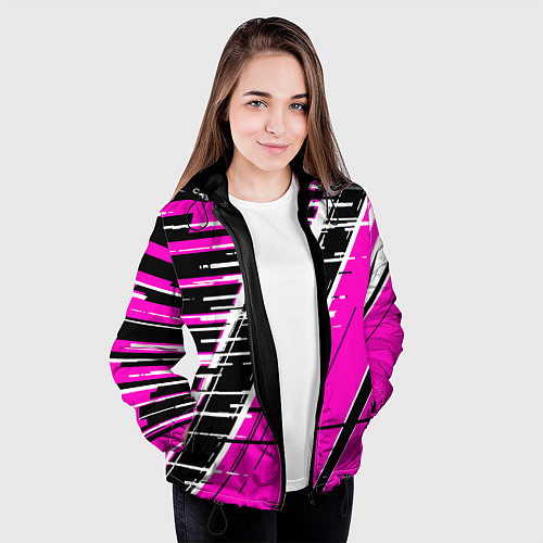 Женская куртка Чёрно-белые глитч полосы на розовом фоне / 3D-Черный – фото 3