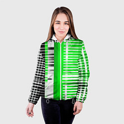 Куртка с капюшоном женская Белые полосы на зелёно-чёрном фоне, цвет: 3D-белый — фото 2