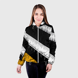 Куртка с капюшоном женская Диагональные чёрно-белые полосы на жёлтом фоне, цвет: 3D-белый — фото 2