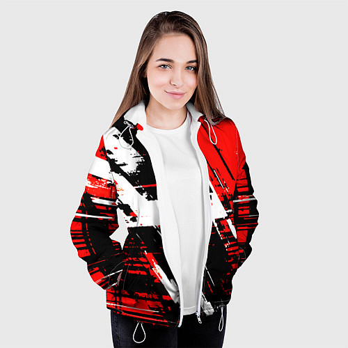 Женская куртка Diagonal black and white stripes on a red backgrou / 3D-Белый – фото 3