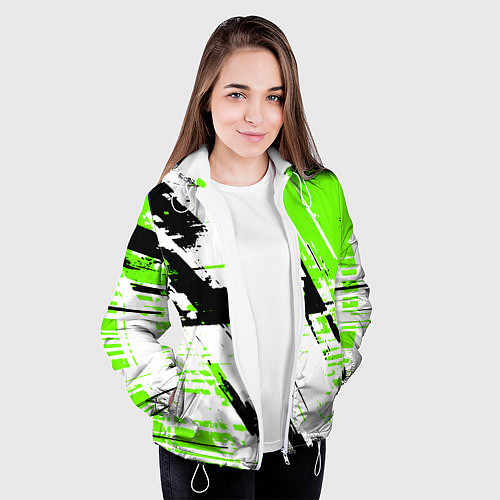 Женская куртка Diagonal black and green stripes on a white backgr / 3D-Белый – фото 3