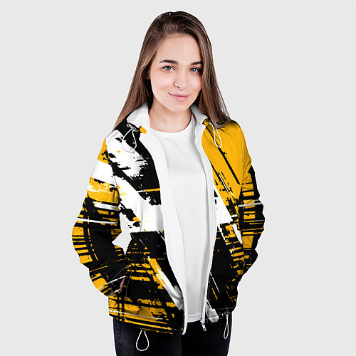 Женская куртка Diagonal black and white stripes on a yellow backg / 3D-Белый – фото 3