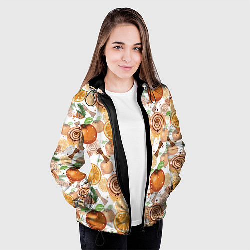 Женская куртка Апельсины, корица, булочки с корицей на светлом фо / 3D-Черный – фото 3