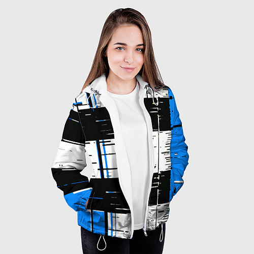 Женская куртка Синие и чёрные полосы на белом фоне / 3D-Белый – фото 3