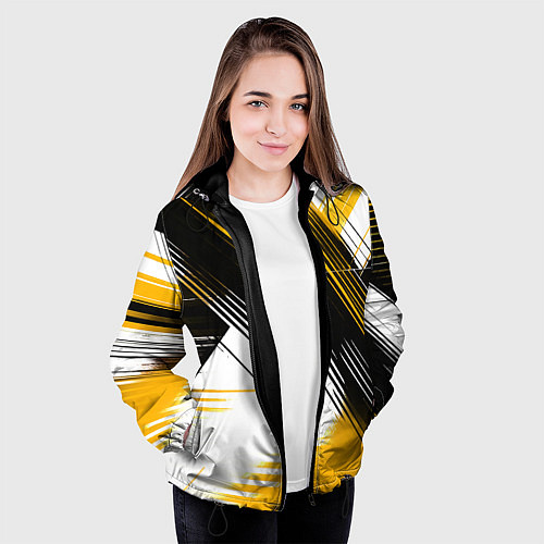 Женская куртка Диагональные жёлто-чёрные линии на белом фоне / 3D-Черный – фото 3