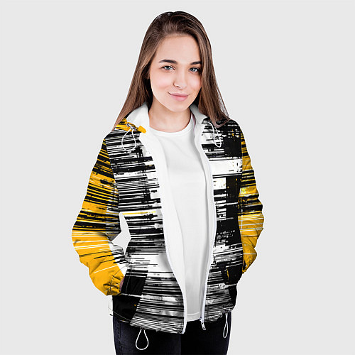 Женская куртка Горизонтальные чёрные линии на бело-жёлтом фоне / 3D-Белый – фото 3