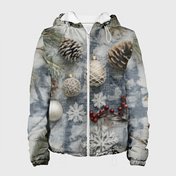 Куртка с капюшоном женская Новогодние игрушки и шишки, цвет: 3D-белый