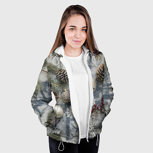 Женская куртка Новогодние игрушки и шишки / 3D-Белый – фото 3