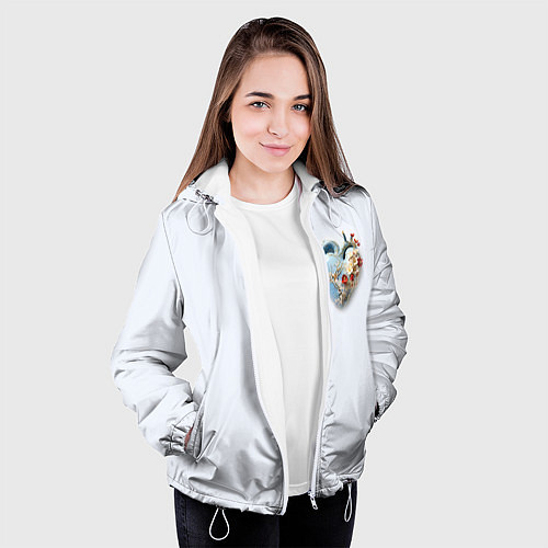 Женская куртка Сердце и ветка цветущая сакура с цветами / 3D-Белый – фото 3