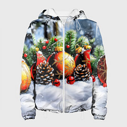 Куртка с капюшоном женская Красные и желтый новогодние шары, цвет: 3D-белый