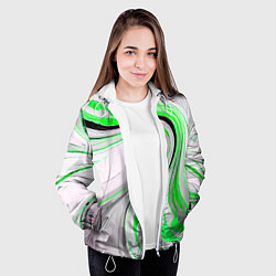 Куртка с капюшоном женская Волнистые чёрно-зелёные линии на белом фоне, цвет: 3D-белый — фото 2