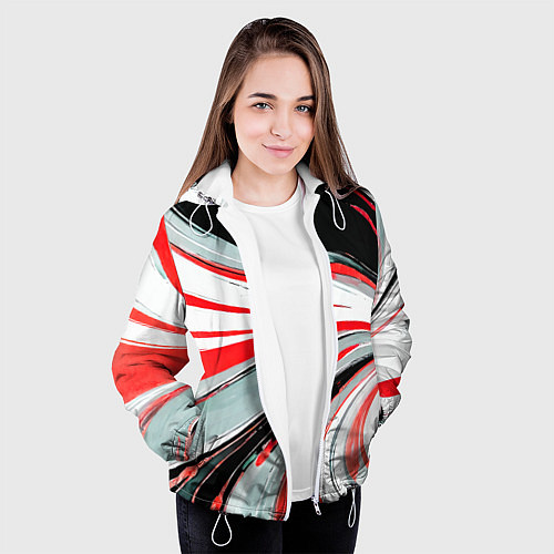 Женская куртка Волнистые бело-красные линии на чёрном фоне / 3D-Белый – фото 3