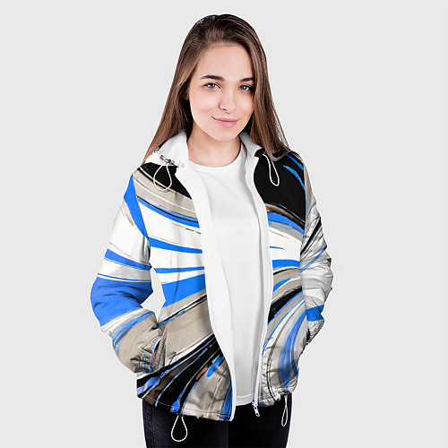 Женская куртка Волнистые бело-синие линии на чёрном фоне / 3D-Белый – фото 3