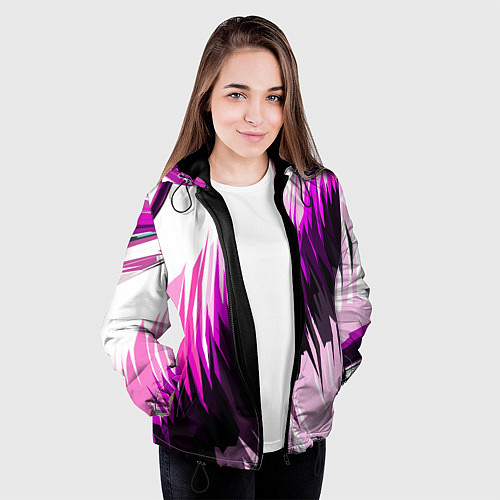 Женская куртка Чёрно-розовые острые полосы на белом фоне / 3D-Черный – фото 3