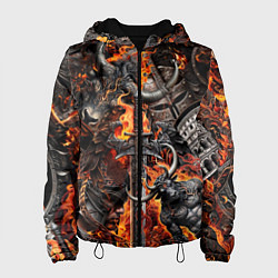 Куртка с капюшоном женская Гладиатор и минотавр на фоне огня мечей и щитов, цвет: 3D-черный