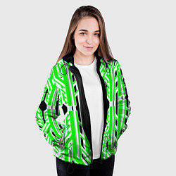 Куртка с капюшоном женская Бело-зелёные техно полосы на чёрном фоне, цвет: 3D-черный — фото 2