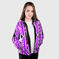 Куртка с капюшоном женская Бело-фиолетовые техно полосы на чёрном фоне, цвет: 3D-черный — фото 2