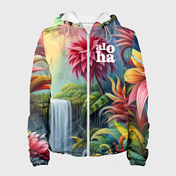Куртка с капюшоном женская Гавайские тропические цветы - алоха, цвет: 3D-белый