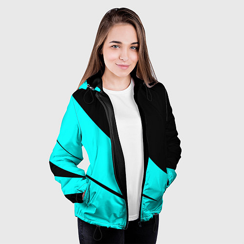 Женская куртка Чёрный и неоновый голубой двуцветный с полосой / 3D-Черный – фото 3