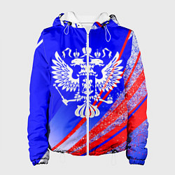 Куртка с капюшоном женская Герб России на фоне цветов флага синий, цвет: 3D-белый