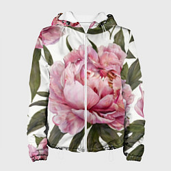 Куртка с капюшоном женская Розовые пионы на белом, цвет: 3D-белый