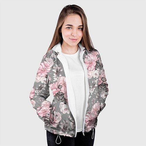 Женская куртка Розовые розы на сером / 3D-Белый – фото 3