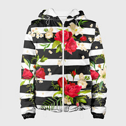 Куртка с капюшоном женская Красные розы на черных полосках, цвет: 3D-белый