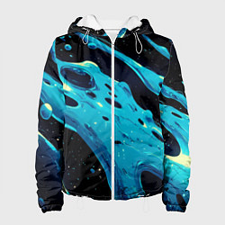 Куртка с капюшоном женская Синие волны краски на черном, цвет: 3D-белый