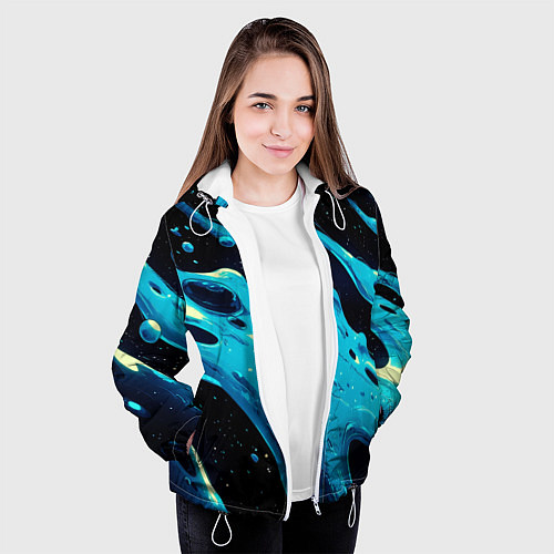 Женская куртка Синие волны краски на черном / 3D-Белый – фото 3