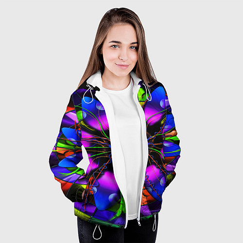 Женская куртка Неоновая психоделика лепестки / 3D-Белый – фото 3