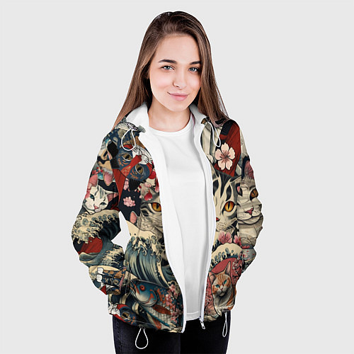 Женская куртка Котики и рыбки в сакуре / 3D-Белый – фото 3