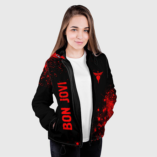 Женская куртка Bon Jovi - red gradient вертикально / 3D-Черный – фото 3