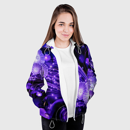Женская куртка Силуэты цветов на темном фоне - фиолетовое свечени / 3D-Белый – фото 3