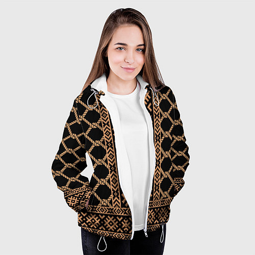 Женская куртка Золотые узоры на черном с канатами - вышиванка руб / 3D-Белый – фото 3
