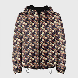 Куртка с капюшоном женская Цветочный тёмно синий с нежным бежевым, цвет: 3D-черный